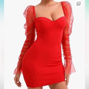 Mesh Puff Long Sleeve Red Mini Dress